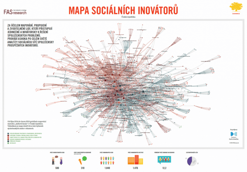 Mapa sociálních inovátorů. Pro zvětšení klikněte. Zdroj: Ashoka ČR